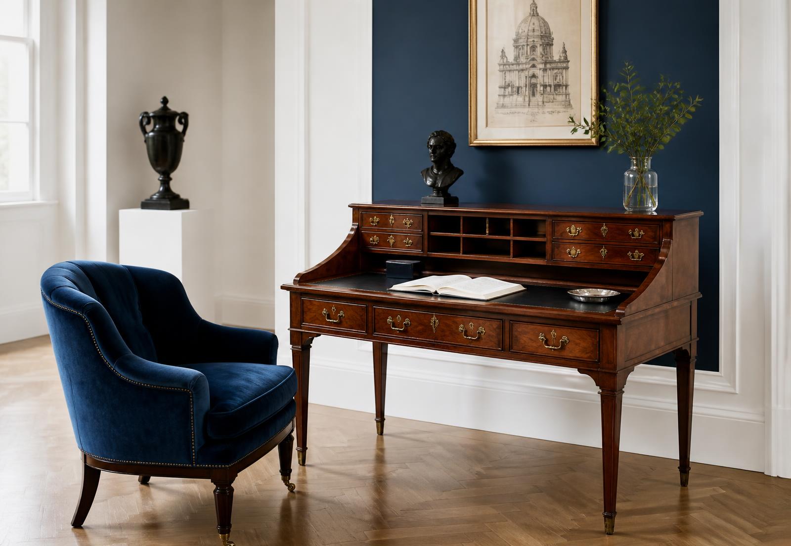 A restored walnut writing desk and blue velvet armchair in a bright gallery room